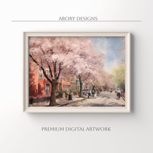 Vintage Town Painting during with Cherry Blossom Trees During Spring, Spring Decor, Spring Holiday Oil Painting, Digital Download