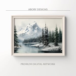 Rustic Vintage Winter Forest With Mountains Landscape Painting, Antique Printable Wall Art, Cozy Home Decor, DIGITAL DOWNLOAD