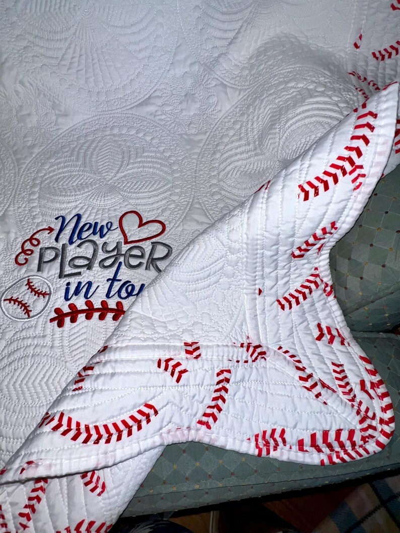 Heirloom Baby Quilt – Embroidered “new Player in Town” – Baseball Trim ...