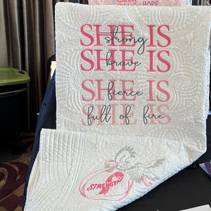 Breast Cancer Support Quilt – White  Quilted Throw with Doves & Inspirational Ribbon Embroidery – Gift for Survivor or Fighte