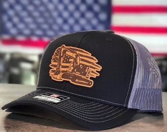 Excavator Hat, Construction Leather Patch Hat, Trucker Hat, American Flag, Snapback, Richardson 112