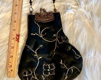 Prom Graduation Purse Black Satin Beaded Evening Bag Bead Handle Delicate Look Elegant Handbag for Formal Events Vintage Shakeel's Concept