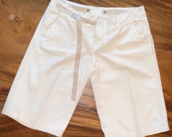 Shorts Cream Off White 100% Cotton Size 31 Women Mid Thigh Length Low Rise Vintage Diesel Zip Front Adjustable Self Belt Slash Pocket Summer
