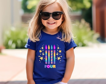 4th Birthday Toddler Tee Kids Birthday Gift Child Party Outfit Rainbow Candle Shirt Keepsake 4 Year Old Apparel Top