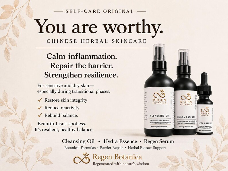 Regen Botanica Chinese herbal skincare collection featuring cleansing oil, hydrating essence, and botanical facial serum for dry, sensitive, and mature skin. Natural skincare inspired by traditional herbal wisdom to support skin barrier health, hydration, and a radiant complexion.