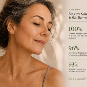 Results-focused skincare graphic showing improvements in hydration, skin barrier strength, and reduction in visible redness using Regen Botanica serum.
