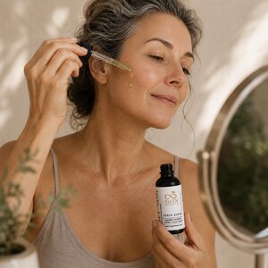 Woman applying Regen Botanica Bakuchiol Face Serum during a calming skincare ritual for sensitive skin, hydration, and skin barrier support.