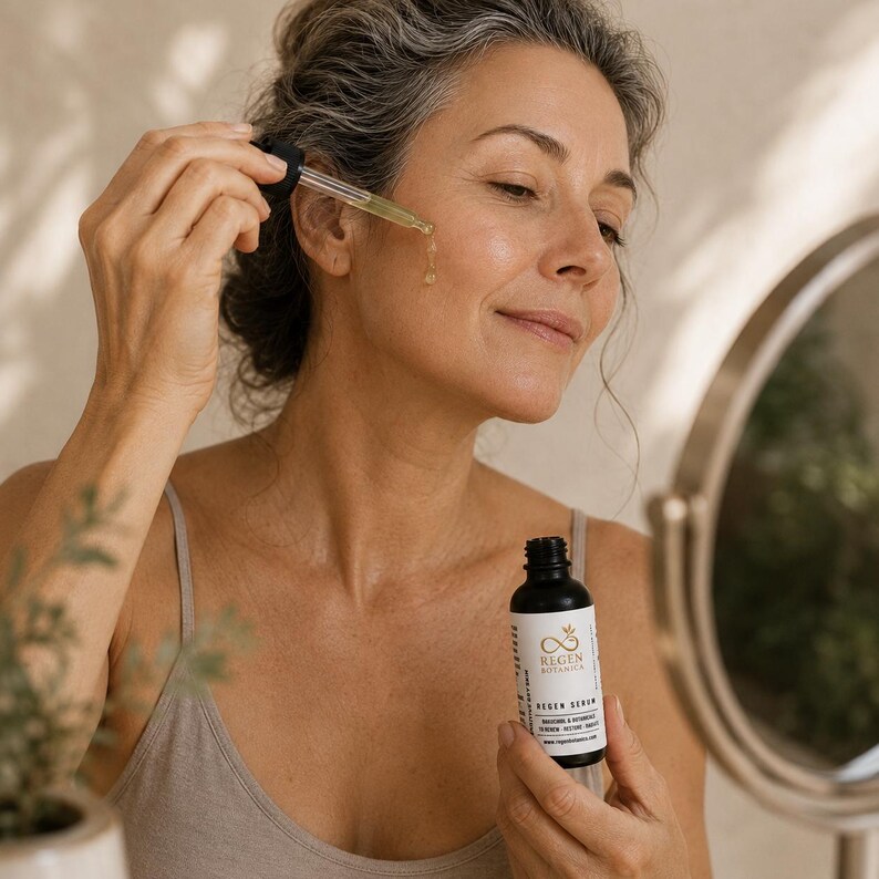 Woman applying Regen Botanica Bakuchiol Face Serum during a calming skincare ritual for sensitive skin, hydration, and skin barrier support.