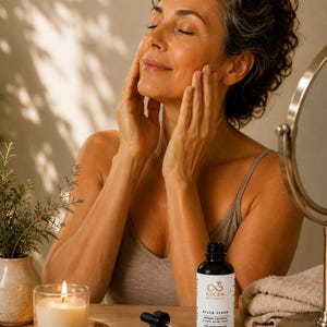 Woman enjoying a mindful self-care skincare ritual with Regen Botanica botanical serum for sensitive skin, hydration, and healthy radiant skin.