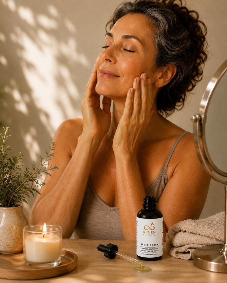 Woman enjoying a mindful self-care skincare ritual with Regen Botanica botanical serum for sensitive skin, hydration, and healthy radiant skin.