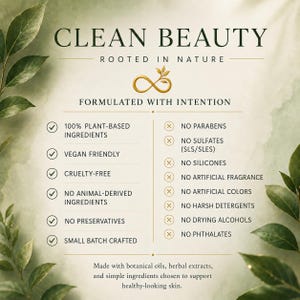 Clean Beauty Ingredient Graphic for Regen Botanica Skincare. CLEAN BEAUTY ROOTED IN NATURE
✓ No Mineral Oil
✓ No Silicones
✓ No Parabens
✓ No Synthetic Fragrance
✓ No Petroleum-Based Ingredients
✓ Cruelty-Free
Made with Organic Botanical Ingredients