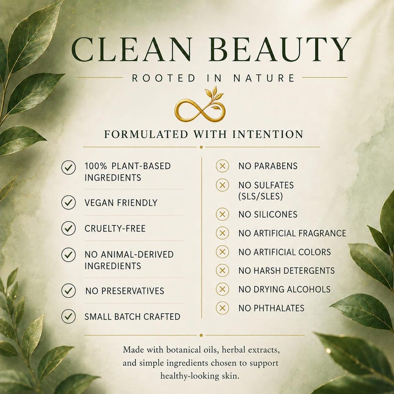 Clean Beauty Ingredient Graphic for Regen Botanica Skincare. CLEAN BEAUTY ROOTED IN NATURE
✓ No Mineral Oil
✓ No Silicones
✓ No Parabens
✓ No Synthetic Fragrance
✓ No Petroleum-Based Ingredients
✓ Cruelty-Free
Made with Organic Botanical Ingredients