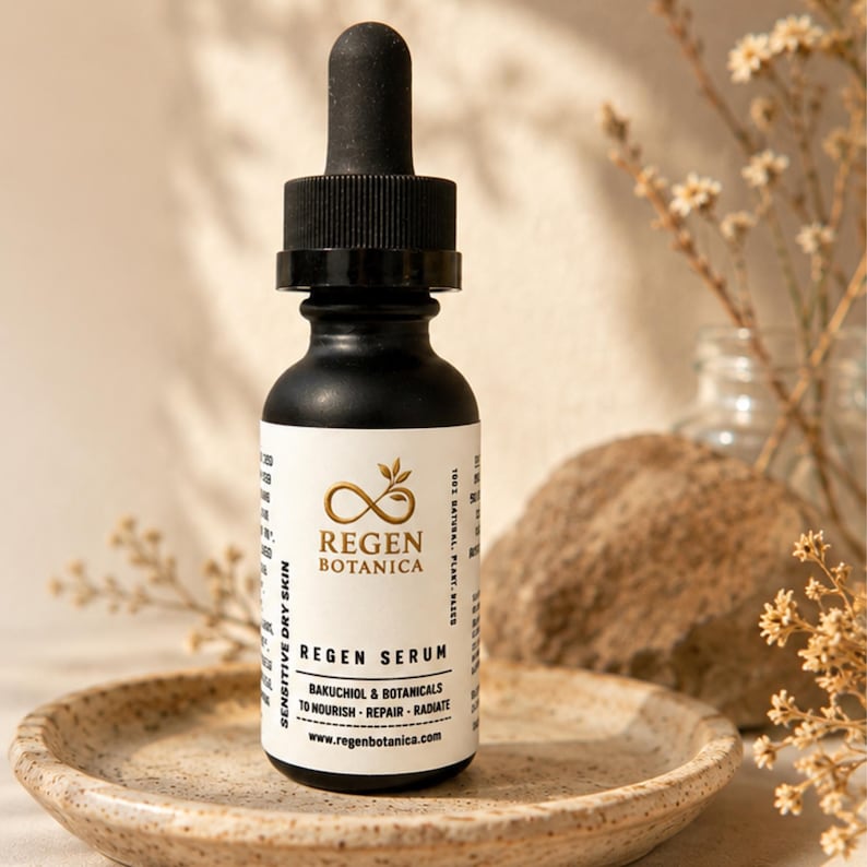 Regen Botanica Bakuchiol Face Serum for sensitive skin featuring Chinese herbal botanicals and skin barrier support for hydration and radiance.