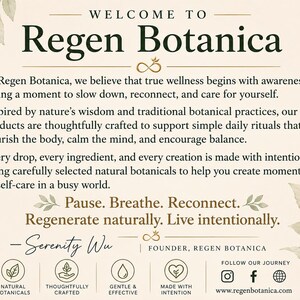 Regen Botanica founder message card describing the brand's philosophy of natural skincare, self-care rituals, botanical ingredients, and intentional living. Nature-inspired wellness products handcrafted to support hydration, skin nourishment, and daily moments of balance and renewal.