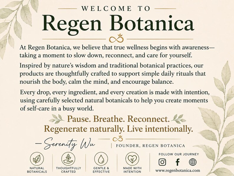 Regen Botanica founder message card describing the brand's philosophy of natural skincare, self-care rituals, botanical ingredients, and intentional living. Nature-inspired wellness products handcrafted to support hydration, skin nourishment, and daily moments of balance and renewal.