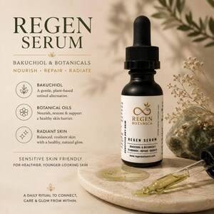 Regen Botanica botanical face serum featuring bakuchiol, Chinese herbal formula, skin barrier support, sensitive skin care, and natural hydration benefits.