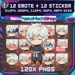 Op de afbeelding: Digitale kunst met 12 emotes en 12 stickers. De centrale figuur is een personage met wit haar en een zwarte outfit. Tekst bevat "12 EMOTE + 12 STICKER" en "120X PNGS". De winkelnaam "NekoMochiShop" wordt ook weergegeven.