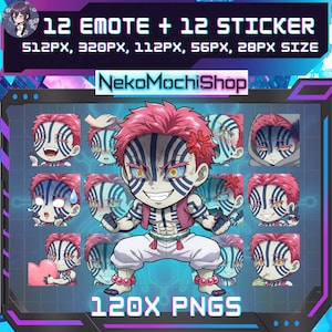 Könnte beinhalten: Digitales Kunstwerk mit 12 Emotes und 12 Stickern. Die zentrale Figur ist ein Chibi-Charakter mit roten Haaren und blauen Streifen. Der Text "12 EMOTE + 12 STICKER" und "120X PNGS" ist enthalten.