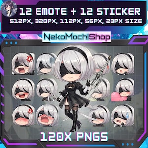 May include: Digital art featuring 12 emotes and 12 stickers of a character with white hair, a black blindfold, and a black dress. The text "12 EMOTE + 12 STICKER" and "NekoMochiShop" are visible. The image includes the text "120X PNGS".