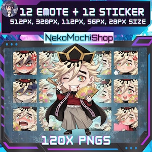 Könnte beinhalten: Digitales Kunstwerk mit einem Charakter mit blonden Haaren, der ein schwarzes und rotes Outfit trägt und einen Fächer hält. Das Bild enthält 12 Emotes und 12 Sticker, mit dem Text "12 EMOTE + 12 STICKER" und "NekoMochiShop".