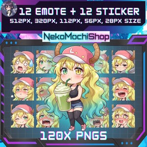 Puede incluir: Ilustración digital de un personaje de dibujos animados con cabello rubio, cuernos y una gorra rosa, sosteniendo una bebida verde. La imagen incluye 12 emoticonos y 12 pegatinas en varios tamaños, con el texto "NekoMochiShop" y "120X PNGS".