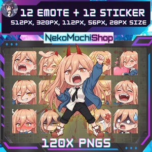 May include: Digital artwork showcasing 12 emotes and 12 stickers of a character with pink hair and red horns. The character displays diverse emotions. Text includes "12 EMOTE + 12 STICKER" and "NekoMochiShop". The image is labelled "120X PNGS".