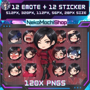 May include: Digital artwork showcasing 12 emotes and 12 stickers of a character with black hair and a red outfit. The image includes the text "12 EMOTE + 12 STICKER" and "NekoMochiShop". The stickers are in various sizes, including 512px, 320px, 112px, 56px, and 28px.