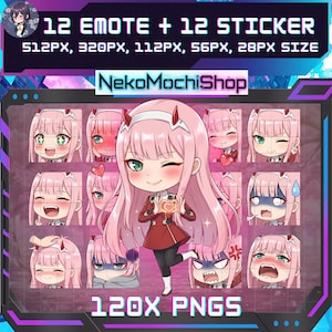 May include: Digital art featuring 12 emotes and 12 stickers of a character with pink hair and red horns. The character is shown in various expressions. The text reads "12 EMOTE + 12 STICKER" and "120X PNGS". The shop name "NekoMochiShop" is also displayed.
