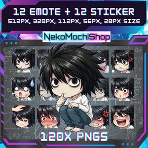 May include: Digital artwork showcasing 12 emotes and 12 stickers of an anime character with black hair, each displaying a different emotion. The image includes the text "12 EMOTE + 12 STICKER" and "NekoMochiShop".