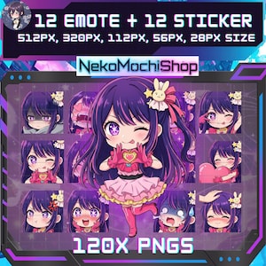 May include: Digital art featuring a collection of 12 emotes and 12 stickers. The central image is a cartoon girl with purple hair and a pink outfit. The text "12 EMOTE + 12 STICKER" and "NekoMochiShop" are visible. The image also includes the text "120X PNGS".
