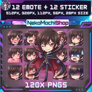 Pode incluir: Uma coleção digital de 12 emotes e 12 autocolantes com uma personagem estilo chibi de cabelo escuro e olhos vermelhos com várias expressões. O conjunto inclui 120 ficheiros PNG nos tamanhos 512px, 320px, 112px, 56px e 28px, rotulados NekoMochiShop.