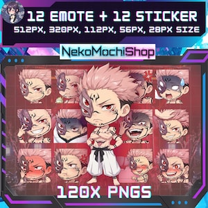 Könnte beinhalten: Digitales Kunstwerk mit 12 Emotes und 12 Stickern. Das Bild zeigt eine Figur mit rosa Haaren und roten Augen, in verschiedenen Gesichtsausdrücken. Der Text "12 EMOTE + 12 STICKER" und "120X PNGS" ist zu sehen. Der Shop-Name "NekoMochiShop" ist ebenfalls sichtbar.