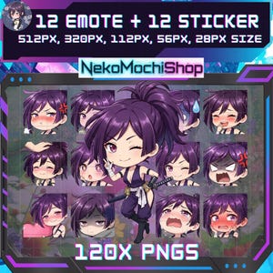Op de afbeelding: Digitale illustratie met 12 emotes en 12 stickers van een anime-personage met paars haar en verschillende uitdrukkingen. De tekst "12 EMOTE + 12 STICKER" en "NekoMochiShop" is inbegrepen. De tekst "120X PNGS" is ook aanwezig.