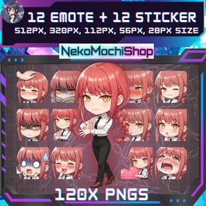 May include: Digital artwork showcasing 12 emotes and 12 stickers of a character with red hair, each displaying different expressions. The image includes the text "12 EMOTE + 12 STICKER" and "120X PNGS". A full body illustration of the character is also present.