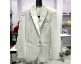 GENT WITH White Blazer Slim Fit Single Buttons Wedding Groom Party Wear Only Coat , White Suit for Men, White Slim Fit Peak Lapel Blazer