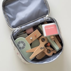 Kids Wooden Makeup Kit with Cosmetic Bag: Pretend Play Beauty Set
