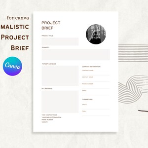 Può includere: Un modello di brief di progetto minimalista per Canva. Il modello include sezioni per il titolo del progetto, il riepilogo, il pubblico di destinazione, il messaggio chiave, le informazioni aziendali e il background.
