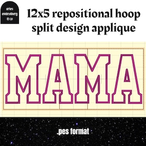 Può includere: Un designo di ricamo applicato "MAMA" rosa in un formato cerchio di 12x5. Il design è diviso in singole lettere per il riposizionamento.
