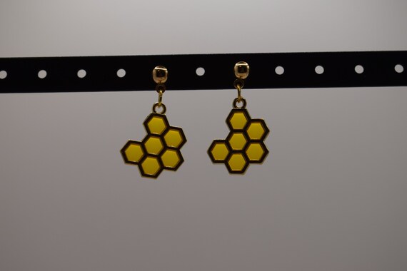 Boucles D'oreilles Pendantes En Or Jaune 18K Motif Nid D'abeille Et Fleur - Neuf Avec étiquettes