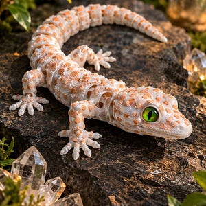May include: A detailed, white and orange gecko figurine with green eyes rests on a dark rock. The gecko has a textured pattern of orange spots and is surrounded by greenery and crystals. The figurine is a detailed representation of a gecko.