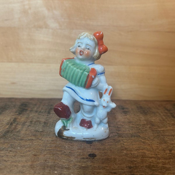 Vintage Ceramic Little Girl Figurine with Squeeze Box and Bunny Made in Occupied Japan