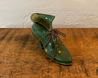 Vintage Green Porcelain High Heeled Boot Shoe with Laces
