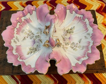 Antique German Pink Ceramic Divided Dish Ruffled Gold Edge Vintage Relish Server