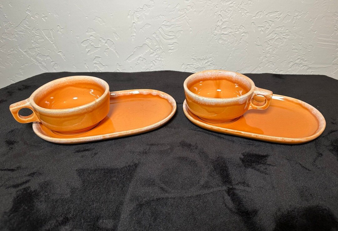 Rare Vintage Hull Pottery Tangerine Drip Soup Bowl and Sandwich Plate
