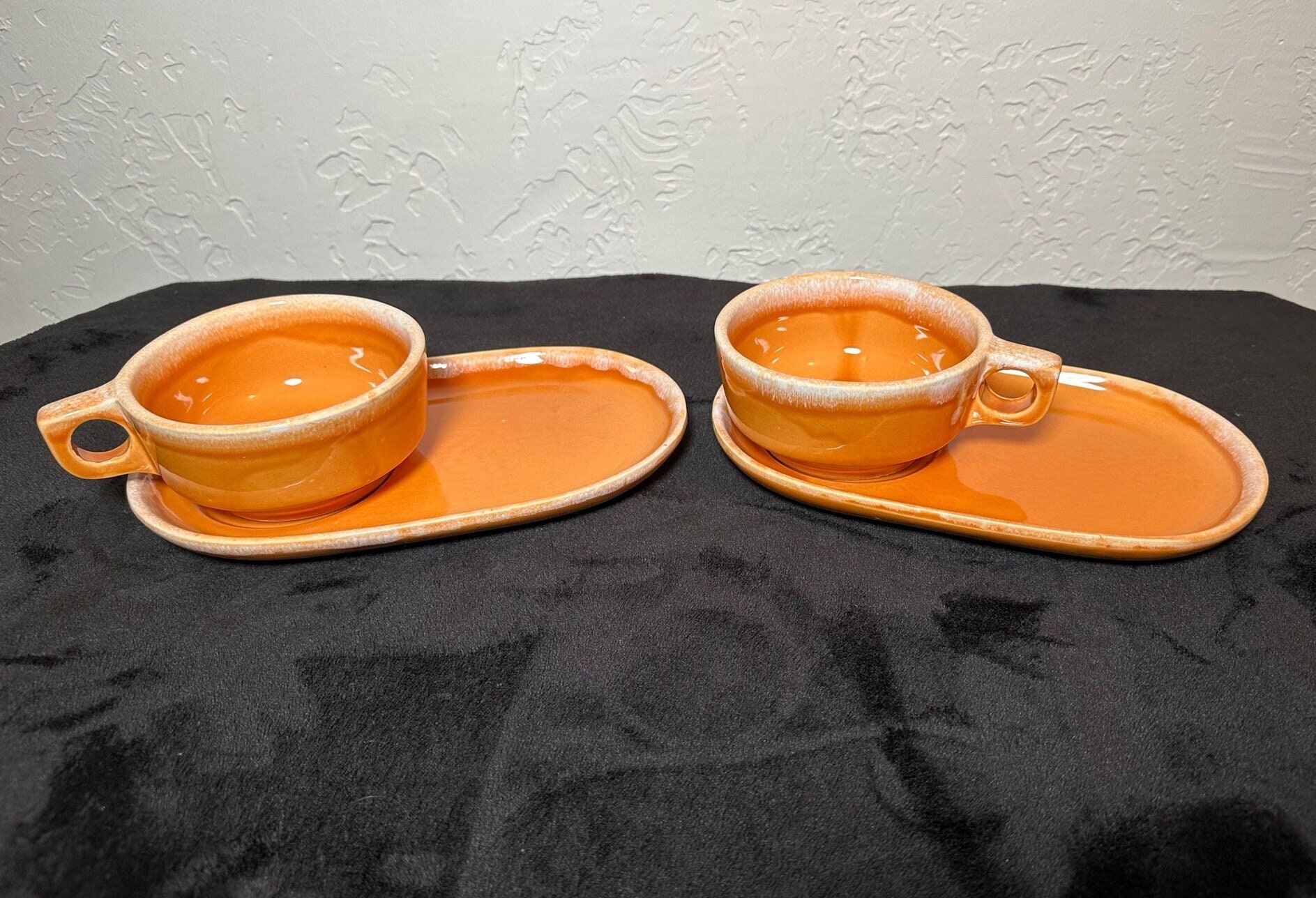 Rare Vintage Hull Pottery Tangerine Drip Soup Bowl and Sandwich Plate