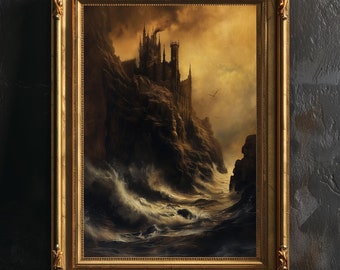 Gothic Castle Poster Wall Decor, Vintage Gothic Landscape, Medieval Print, Castle on a Cliff, Airbnb Fireplace room wall decoration.