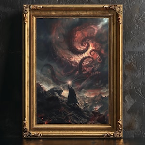 Decoración de pared de póster apocalíptico, Hp Lovecraft, arte retro vintage, paisaje de terror cósmico, impresión victoriana, regalo de Cthulhu, arte de fantasía oscura.