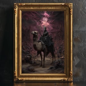 以下が含まれることがあります： 金色の装飾フレームに入った額装されたアートワーク。画像は、黒いローブを着た人物が、暗くシュールな風景の中をラクダに乗っている様子を描いています。輝くオーブが上に浮かんでおり、神秘的な要素を加えています。