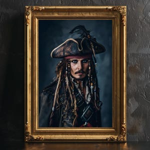 May include: A framed portrait featuring a person in a pirate costume. The portrait is in a gold ornate frame. The person has long dreadlocks, a pirate hat, and is wearing a dark coat. The background is a dark, textured wall.