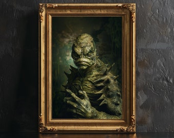 May include: A framed portrait of a green, reptilian creature with sharp teeth and a menacing expression. The creature is wearing a spiky, leather-like costume and has a dark, swampy background.